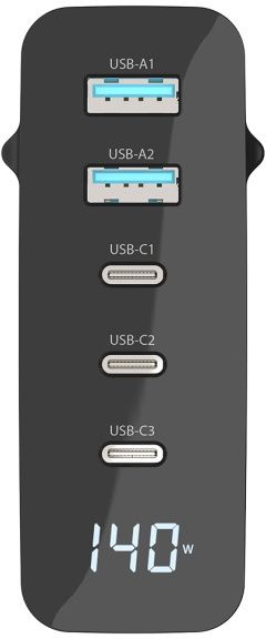 Sitecom CH-1003 - GaN Power Delivery Wandoplader 140 W - 2x USB type-A 3x USB type-C - LED-scherm