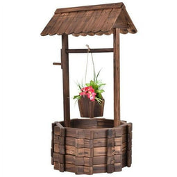Coast Tuinfontein met Houten Put, Emmer en Bloempot met Dak – Rustiek Design – 43 x 39 x 72 cm –