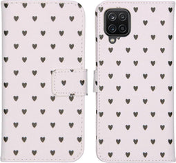 iMoshion Hoesje Geschikt voor Samsung Galaxy A12 Hoesje Met Pasjeshouder - iMoshion Design Softcase Bookcase - Wit / Zwart / Hearts Allover White