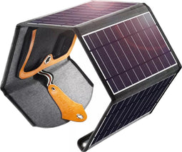 Uitvouwbare draagbaar zonnepanneel - 4 panelen waterbestendige en lichtgewicht solar charger - 22 W. - 2 USB Type-A outputs - 5 V. apparaten opladen - Met 2 zwarte karabijnhaken