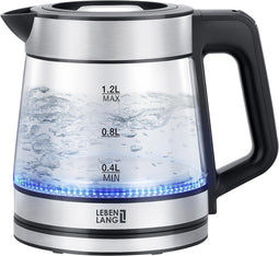 LEBENLANG - Glazen waterkoker - 1,2 liter - Roestvrij staal - Ledverlichting - Klein