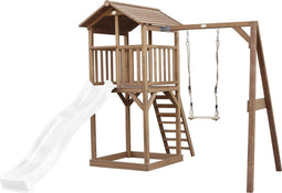 AXI Beach Tower Speeltoestel in Bruin - Speeltoren met Enkele Schommel, Witte Glijbaan en Zandbak - FSC hout - Speelhuis op palen voor de tuin