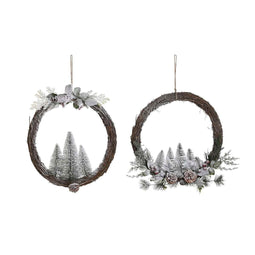 Kerstkroon DKD Home Decor Natuurlijk vlechtwerk ananas Besneeuwd 46 x 7 x 46 cm (2 Stuks)