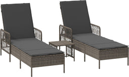 vidaXL - Ligbedden - 2 - stuks - met - Kussens - en - Tafel - Grijs - Poly - Rattan