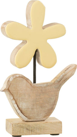 J-Line decoratie Vogel Met Bloem - hout - geel - small