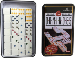 Double 6 dominoes in tin can