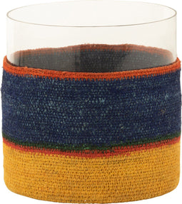J-Line kaarshouder - theelichthouder rond + strepen - glas - donkerblauw/geel