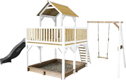 AXI Atka Speeltoestel in Bruin/Wit - Speeltoren met Enkele Schommel, Verdieping, Zandbak en Grijze Glijbaan - FSC hout - Speelhuisje op palen met veranda voor kinderen - Speeltoestel voor de tuin / buiten