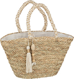 J-Line strandtas Kwast + Houten Kralen - zeegras - naturel/crème