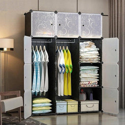 Alora Kledingkast – Modulaire kledingkast – XXL – 12 Opslagvakken- 2 Opslagstangen – Garderobekast – Slaapkamerkast – 111x47x147cm - Zwart