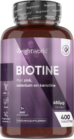 WeightWorld Biotine Zink Selenium Keratine Tabletten - 400 Vegan Microtabletten Ø 6 mm - 450 mcg Biotine per dagdosering (400 stuks)