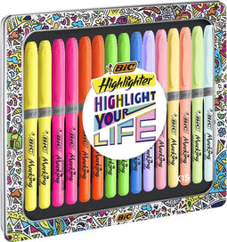 BIC Highlighter Grip Collection Box - Markeerstiften met felle - en pastelkleuren in metalen geschenkdoos - 15 stiften