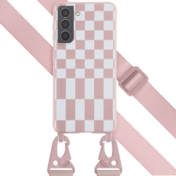 Selencia Hoesje Geschikt voor Samsung Galaxy S21 Hoesje Met Koord - Selencia Siliconen design hoesje met afneembaar koord - Roze / Irregular Check Sand Pink