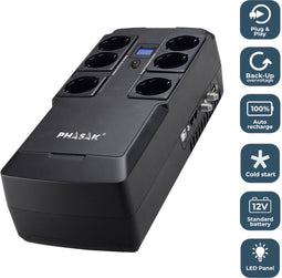 Phasak Kryptos - UPS Line-interactive 0,8 kVA 480 W - 6 AC-uitgangen - Grafiet