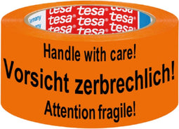 1x Tesa waarschuwingstape oranje 5,5cm x 66m - Verpakkingsmateriaal - Verpakkingstape - Breekbaar tape - Waarschuwingstape/signalisatietape - Oranje tape/plakband met waarschuwingstekst
