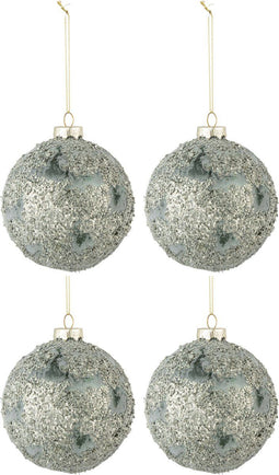 J-Line kerstbal Fijne Steentjes - glas - grijs/groen - medium - doos van 4