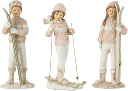 J-Line figuur Meisjes & Jongen Ski - polyresin - wit/roze - 3 stuks