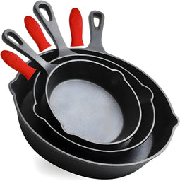 HI NATURE™ Koekenpannen - Gietijzeren Pannenset 3 - Skillet Cast Iron - Pannen Incl Siliconen Handvaten - Hapjespan - Bakpannensets - BBQ & Induct