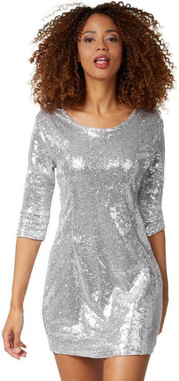 Dressforfun Paillettenjurk - Verkleedkleding - Lange mouwen - Zilver
