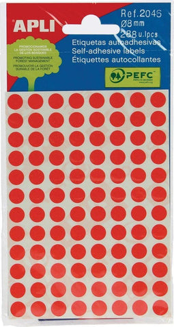 Apli ronde etiketten in etui diameter 8 mm, rood, 288 stuks, 96 per blad (2046)