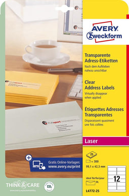 Avery L4772-25 - Laseretiketten - Jamfree en Quickpeel - 99,1 x 42,3 mm (25 vellen)