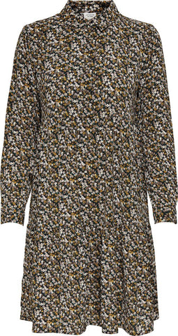 JDY JDYPIPER - L/S AOP SHIRT DRESS - Loose fit met bloemenprint - Zwart met geel en groen