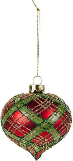 Kerstbal rood met tartan groen en gouden glitters - 9 x 9,7 cm -set van 4 - Nuvole di stoffa