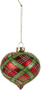 Kerstbal rood met tartan groen en gouden glitters - 9 x 9,7 cm -set van 4 - Nuvole di stoffa