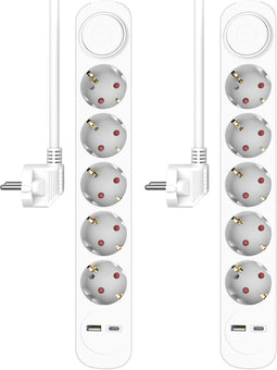 2-Pack ELRO ES305 Stekkerdoos 7-voudig met 1,5m snoer en schakelaar – 5x stopcontact + USB + USB-C – Kinderbeveiliging – randaarde stekker – max. 3680W – TÜV getest