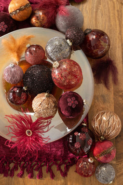 J-Line kerstbal Parels - glas - bordeaux - large - doos van 4