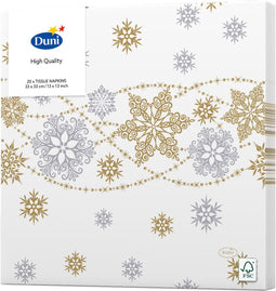 20x stuks diner/lunch servetten met gouden sneeuwvlokken 33 x 33 cm - Wegwerpservetten