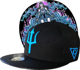 Capiche® Snapback Pet Heren – Nyx – Zwart & Zwart Kunstleer – Verstelbaar met Druksluiting – Sportcap – Baseball Cap – Mannen Cap – Griekse Mythologie