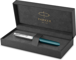Parker 51-vulpen | Groenblauwe behuizing met chromen afwerking | Medium penpunt met zwart inktpatroon | Geschenkverpakking