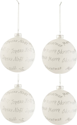 J-Line kerstbal Xmas - glas - wit/zilver - doos van 4 stuks