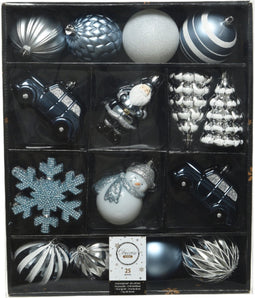 25x stuks kersthangers/kerstballen lichtblauw/wit - Onbreekbare plastic kerstboomversiering kerstornamenten
