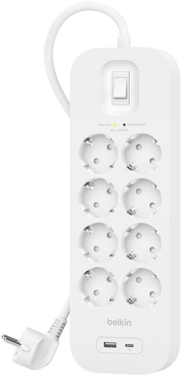Belkin Connect - Stekkerdoos - 8x Geaarde stekkers 1x USB-A 1x USB-C - Wit