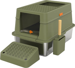 Cellavi RVS Kattenbak - Geschikt voor Grote en Kleine Katten - Incl. Schep en Grit Opvanger - Groen - 60x40x38 cm