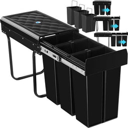 tectake® Ashlyn - Inbouw Prullenbak - 3 Vakken 3x10 L - Telescooprails - Zwart