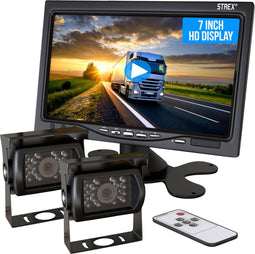 Strex Achteruitrijcamera Set - Bedraad - 2 Camera's tegelijk bekijken - 7" Scherm - 18LED Nachtzicht 15m - IP67 Waterdicht (2 stuks)