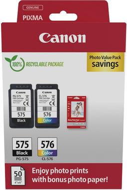 Canon PG-575 + CL-576 - Inktcartridge - 1x zwart 1x kleur - inclusief 50x fotopapier (1 pack)