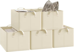 Woltu Opvouwbare Opbergdozen Set van 5 - Stof Opbergkubussen met Handgrepen - Crème (set van 5)
