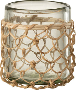 J-Line windlicht Breiwerk - glas/riet - transparant - small - 2 stuks