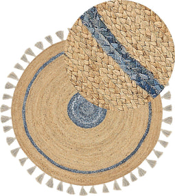 OBAKOY - Laagpolig vloerkleed - Beige/Blauw - ø 140 cm - Jute