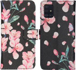 iMoshion Hoesje Geschikt voor Samsung Galaxy A51 Hoesje Met Pasjeshouder - iMoshion Design Softcase Bookcase - Zwart / Roze / Blossom Watercolor Black