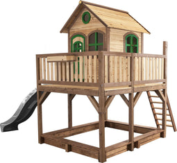 AXI Liam Speelhuis in Bruin/Groen - Met Verdieping, Zandbak en Grijze Glijbaan - Speelhuisje voor de tuin / buiten - FSC hout - Speeltoestel voor kinderen