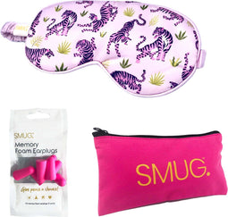 SMUG Slaapmasker met Roze Oordopjes en Opbergzakje - 100% Verduisterend - Verstelbaar Oogmasker in Satijn - Pink Tiger