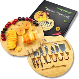 TidyHome® Borrelplank - Bamboe - Inclusief 6 Kaasmesjes en 4 Vorkjes - Ø 33cm
