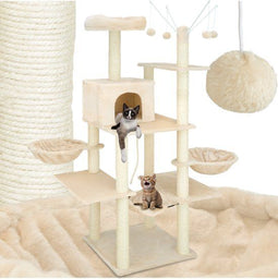 tectake® XXL Krabpaal - Krabmeubel met Huisje Hangmat Speelgoed - 165 cm Beige