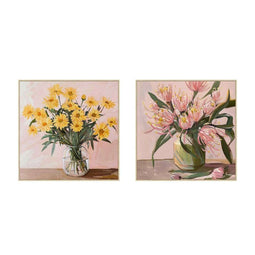 Schilderij Home ESPRIT Geel Groen Roze Shabby Chic Vaas 83 x 4,5 x 83 cm (2 Stuks)