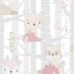Noordwand - Behang - Mondo - baby - Forest - Animals - grijs - en - roze